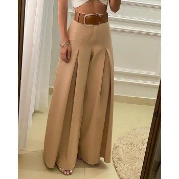 Women‘s Long Trousers Elegant Ladies Office Wear Casual Slim Fit High Waisted Ruched Pleated Wide Leg Pants Without Belt